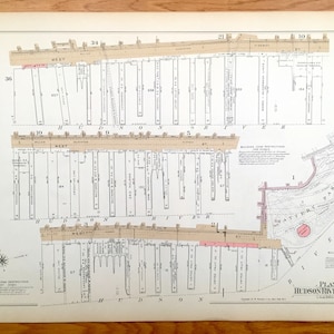 Mapa de Manhattan Antiguo, Nueva York del Manhattan Land Book de Bromley de 1955 – Hudson, East River Piers, Chelsea, Battery Park, Downtown, NYC