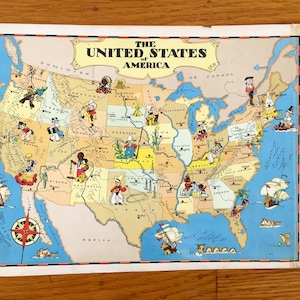 Antieke kaart van de Verenigde Staten van Amerika uit 1938 van Our Gay Geography door Ruth Taylor - New York, Californië, Texas, Florida, midwest, New England, VS