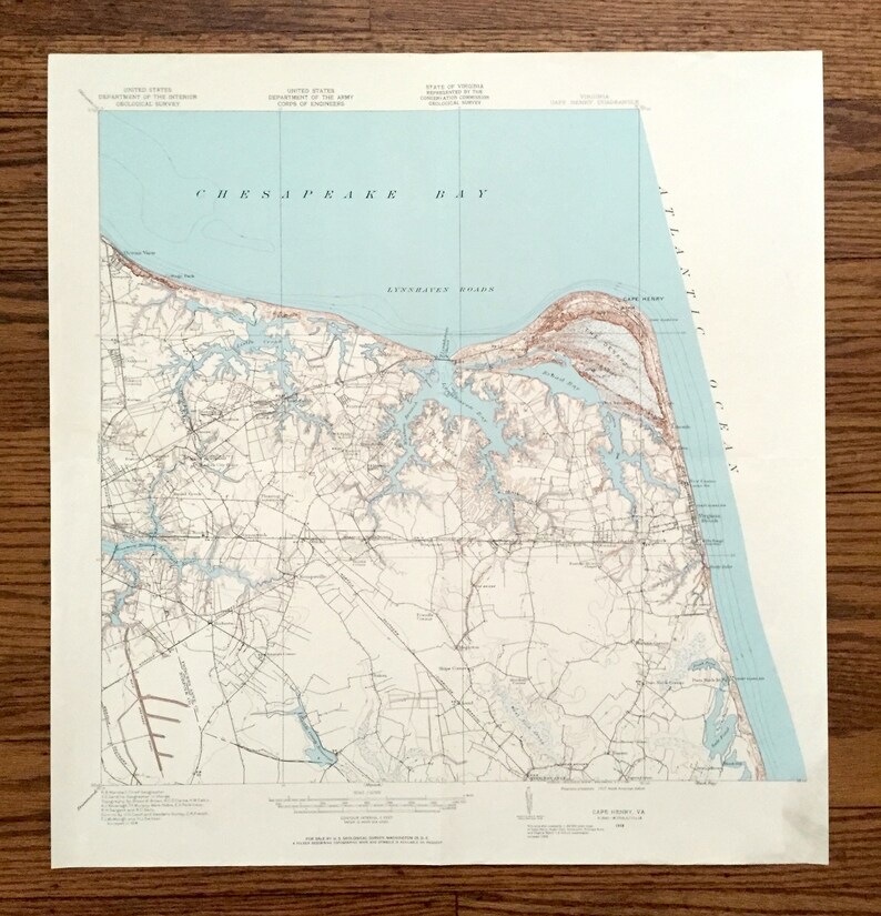 Antique Cape Henry, Virginia 1918 US Geological Survey Topographic Map – Princess Anne County, Beach, Oakwood, Oceania, Ocean View, shops Park, VA