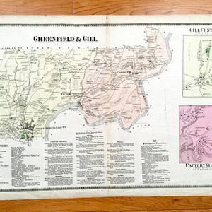 Antike 1871 Greenfield & Gill, Massachusetts Karte von F.W. Beers Atlas of Franklin County – Factory Village, Turners Falls, Riverside, MA