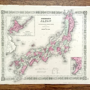 Antik 1866 Japan Karte von Johnson und Ward – Tokio, Yokohama, Osaka, Kyoto, Edo, Nagoya, Sapporo, Kobe, Fukuoka, Kawasaki, Saitama, Nippon