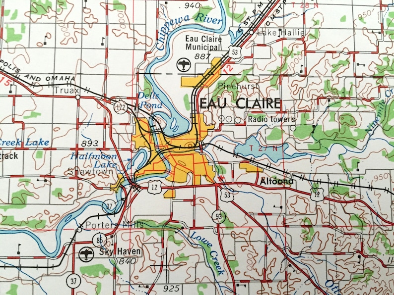 Marshfield Altoona Wisconsin 1964 US Geological Survey Topographic Map \u2013 Chippewa Falls Menomonie Mondovi Antique Eau Claire Durand WI