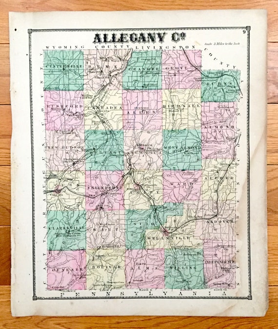 Antique 1869 Angelica New York Map from D.G Main Street Allegany County