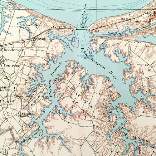 Antique Cape Henry, Virginia 1918 US Geological Survey Topographic Map – Princess Anne County, Beach, Oakwood, Oceania, Ocean View, shops Park, VA