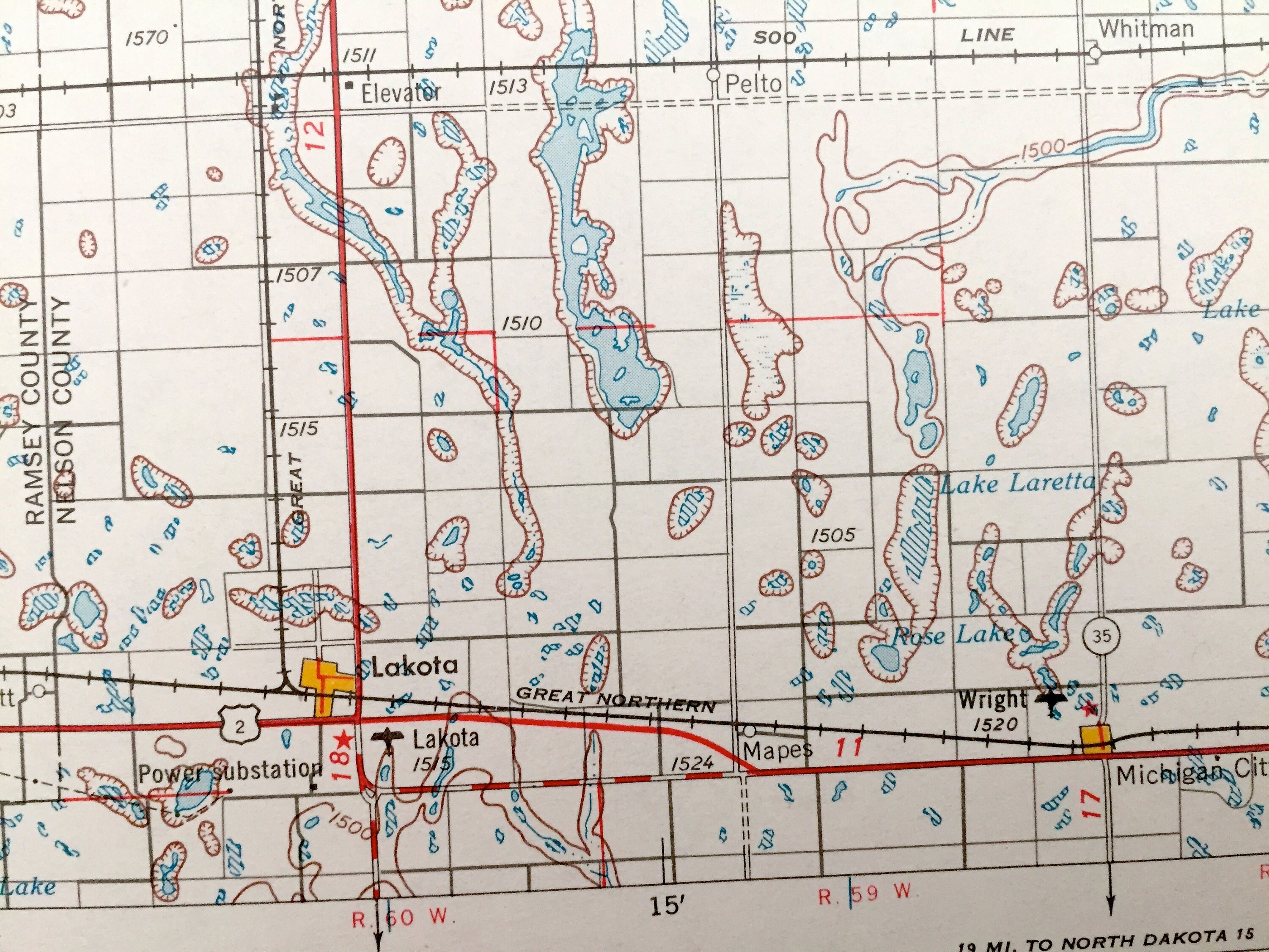 Antique Devils Lake, North Dakota 1953 US Geological Survey Topographic