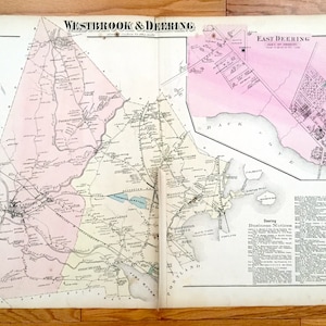 Antike 1871 Westbrook & Deering, Maine Karte von F.W. Beers Atlas von Cumberland County – Saccarappa, Back Cove, Stroudwater, Presumpscot, ME
