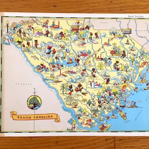 Ancienne carte de l'État de Caroline du Sud de 1938 de Our Gay Geography par Ruth Taylor - Charleston, Colombie, Mount Pleasant, Rock Hill, Greenville SC