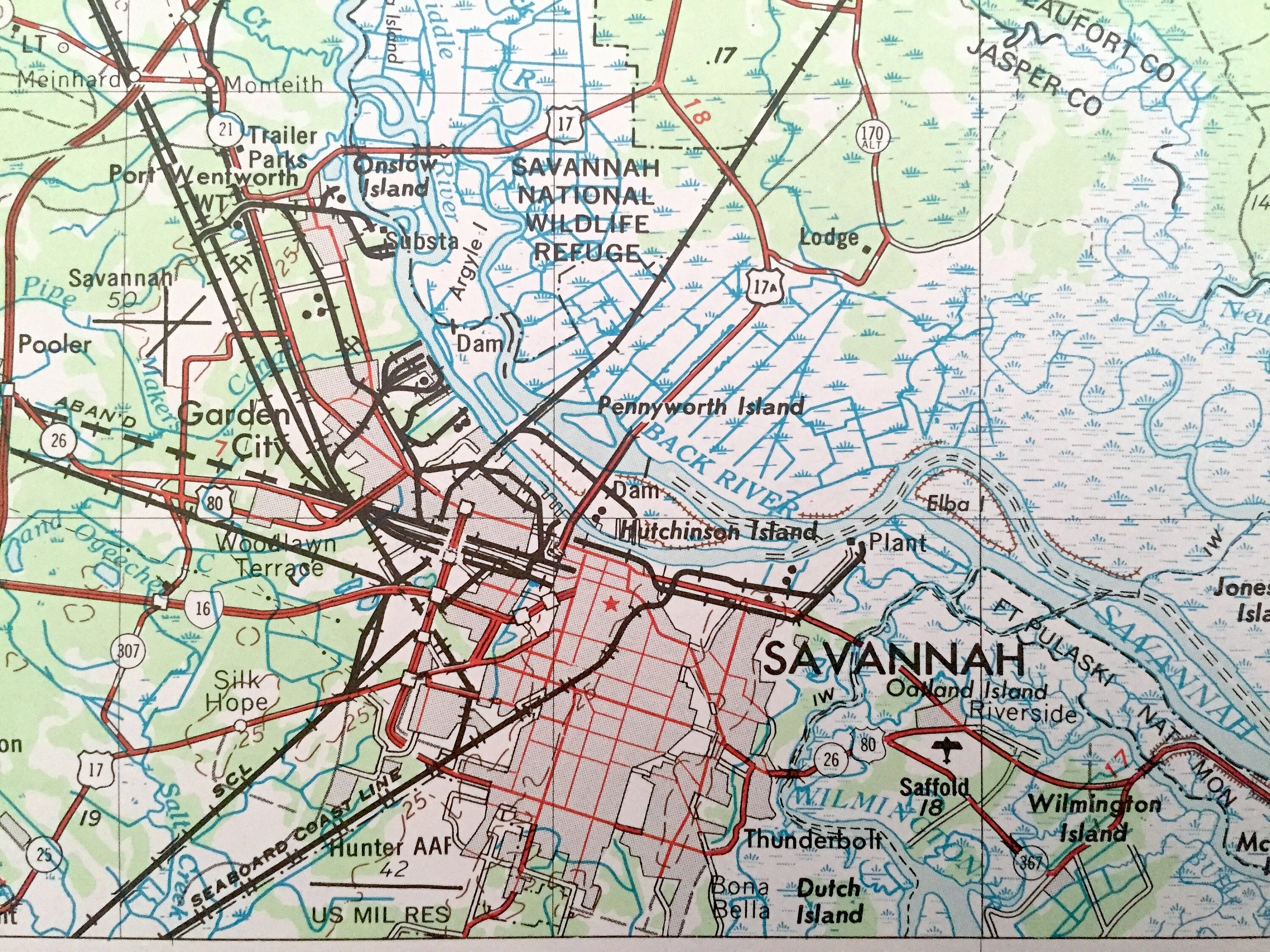 アンティーク サバンナ、ジョージア州 1957 年米国地質調査所地形図