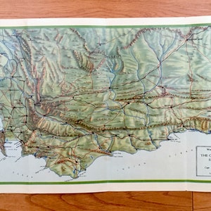 Antieke jaren 1950 Kaap de Goede Hoop, Zuid-Afrika Kaart – Tuinroute, Kaapstad, Mossel Bay, George, Knysna, Paarl, Stellenbosch, St Helena Bay