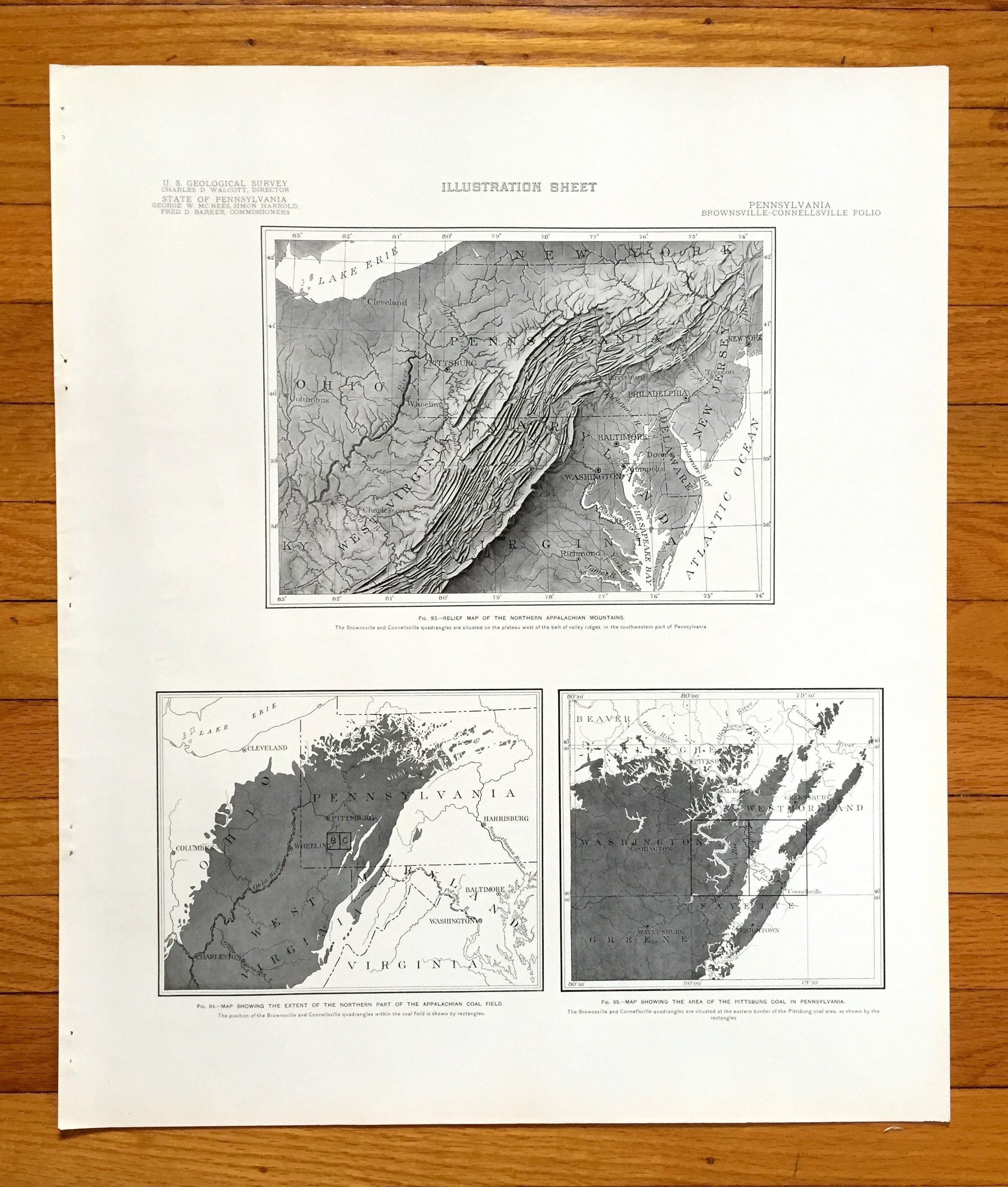 アンティークのアパラチア山脈炭田 1903年米国地質調査所地図