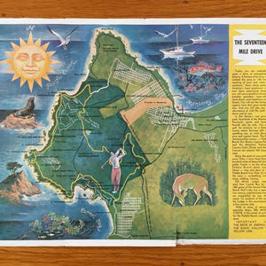 Mapa turístico antiguo de la década de 1960 de Monterey, California, "Seventeen Mile Drive", de Del Monte Company: Carmel, Pebble Beach, Pacific Grove, 17 Mile, CA
