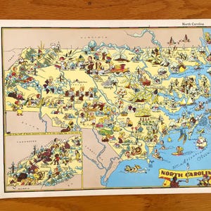 Antique 1938 North Carolina State Map from Our Gay Geography by Ruth Taylor – Raleigh Durham, Charlotte, Outer Banks, Greensboro, Winston NC