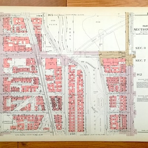 Antique Manhattan, New York City Mappa dal Manhattan Land Book di Bromley del 1955 - Harlem, Hamilton, Washington Heights Jackie Robinson Park NYC