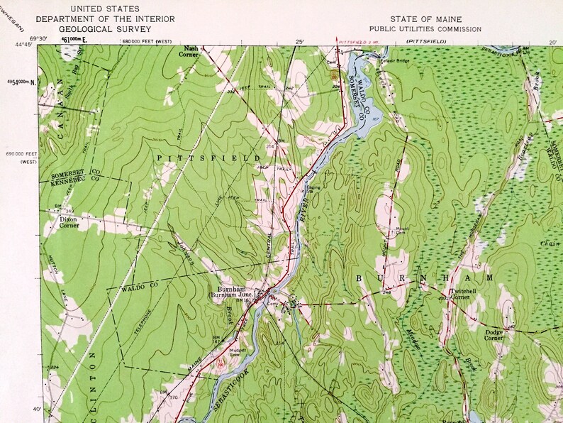 Antique Burnham, Maine 1957 US Geological Survey Topographic Map ...
