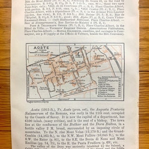 Antigüedad 1913 Aoste (Aosta), Italia Mapa de Baedekers Guide – Valle de Aosta, Parque Gran Paradiso, Arco de Augusto, Puerta Pretoriana, Alpes