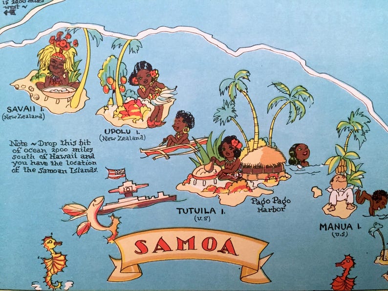 Samoa Characters Antique 1935 Hawaii & Samoa State Map From Our Gay Geography by Ruth ...