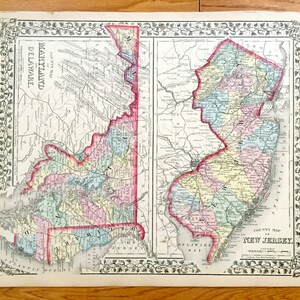 Antieke 1874 Maryland, New Jersey & Delaware State Kaart door S.A. Mitchell - Baltimore, Washington DC, Wilmington, Pennsylvania, Cape May NJ MD