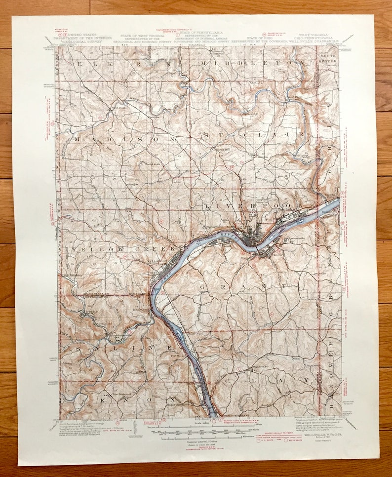 Antique Wellsville Ohio 1944 Us Geological Survey Topographic Etsy - image 0