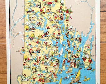 Antica mappa del Rhode Island del 1938 tratta da Our Gay Geography di Ruth Taylor – Providence, Narragansett Bay, Newport, Greenwich, Westerly, Brown, RI