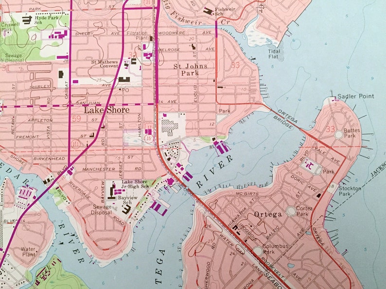 FL Antique Jacksonville San Marco Riverside Florida 1964 US Geological Survey Topographic Map \u2013 Duval County Ortega Forest Downtown