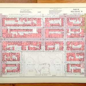 Antique Manhattan, New York City Map from Bromley's 1955 Manhattan Land Book – East Harlem, Marcus Garvey Park, Mount Morris Park, NYC NY