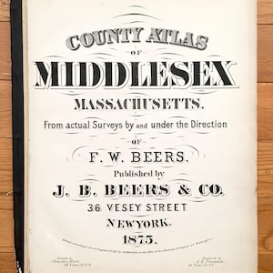 Antique 1875 Middlesex County, Massachusetts Atlas Title Page from J.B. Beers & Company - Lowell, Chelmsford, Newton, Burlington, Somerville