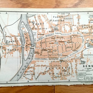 Antique 1909 Sens, France Map from Baedekers Guide Atlas – Yonne department, Bourgogne-Franche-Comté, Yonne River, Les Celestins, Gare