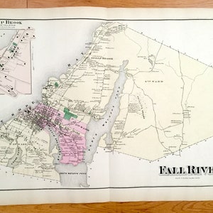 Antike 1871 Fall River, Massachusetts Karte von F.W. Beers Atlas of Bristol County – Steep Brook, Mount Hope Bay Quequechan Globe Village MA