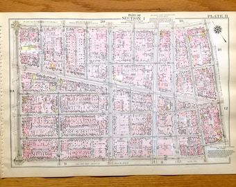 Antique Manhattan, New York Map from Bromley&#39;s 1925 Manhattan Land Book – Tribeca, Soho, Chinatown, Little Italy, Lower East Side, Canal NYC
