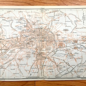Antiguo 1914 St. Etienne, Francia Mapa de Baedekers Guía Atlas – Berard, Bellevue, LeSoleil, Valbe noite, Jardin, Ecole, Furan River, Lycee