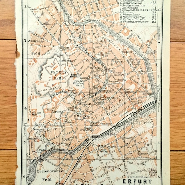 Antique 1925 Erfurt, Germany Map from Baedekers Guide Atlas –  Lober Feld, Dreienbrunnen, Andreas, Johannes, Thuringia, Gera River, Medieval