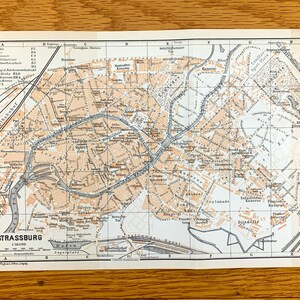 Antique 1911 Strasbourg, France, Map from Baedekers Guide Atlas – Grand Est, Alsace, Capital, Strassburg, Germany, Gothic Cathedral