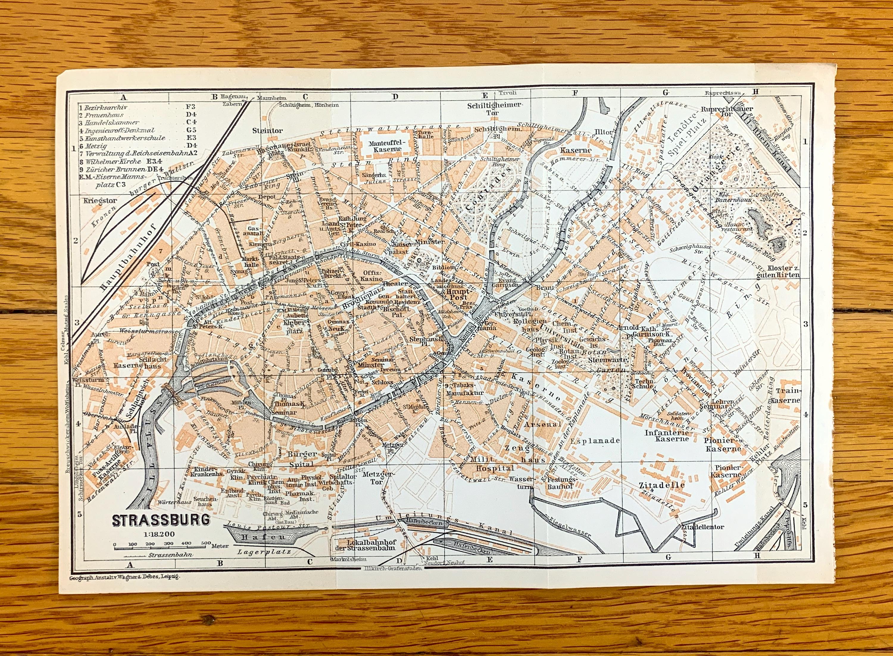 Antique 1911 Strasbourg, France, Map From Baedekers Guide Atlas