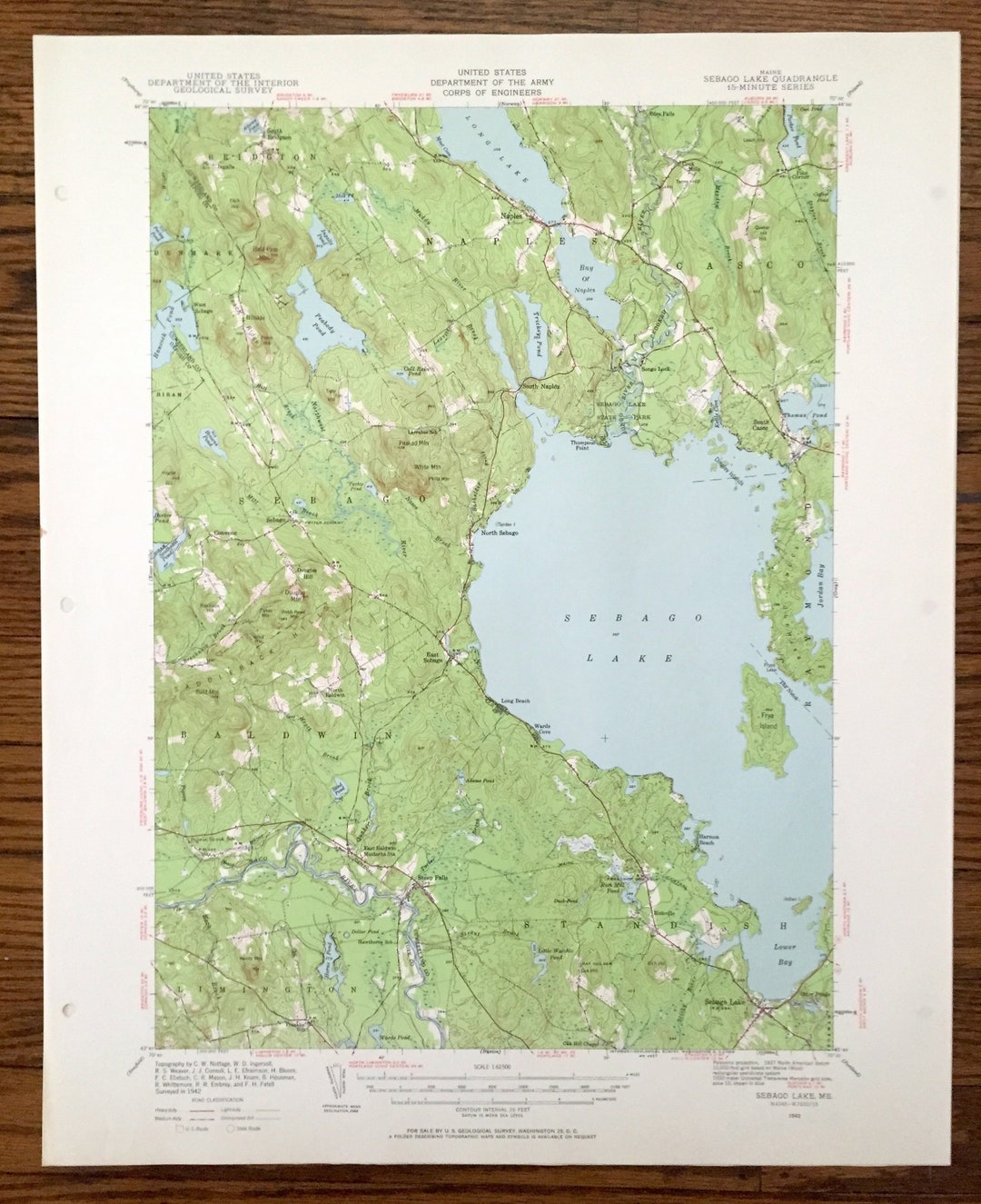 Antique Sebago Lake, Maine 1942 US Geological Survey Topographic Map ...