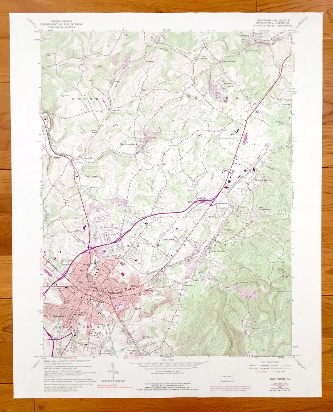 Antique Uniontown, Pennsylvania 1963 US Geological Survey Topographic