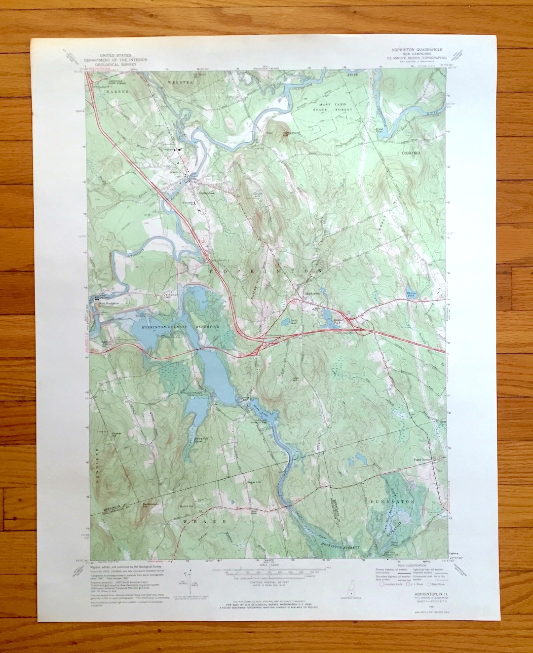 Antique Hopkinton, New Hampshire 1967 US Geological Survey Topographic