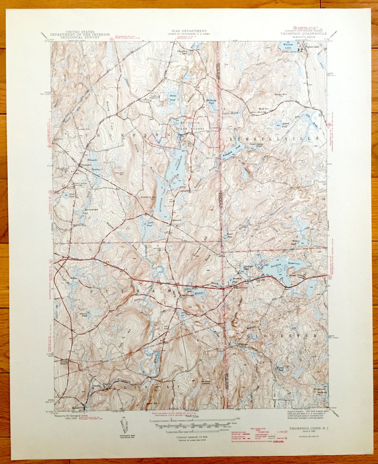 Antique Thompson, Connecticut 1945 US Geological Survey Topographic Map