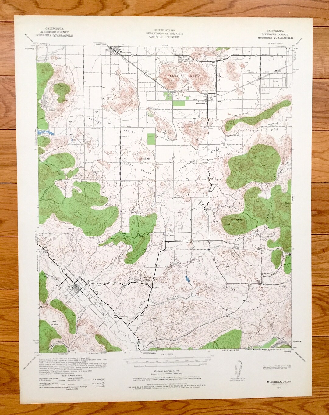 Antique Murrieta, California 1942 US Geological Survey Topographic Map Romoland, Homeland