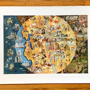 Antike Nord-Kalifornien 1950 ""pageant of story"" Landkarte von Millard Sheets – San Francisco, Monterey, San Jose, Point Reyes, Palo Alto, CA ."