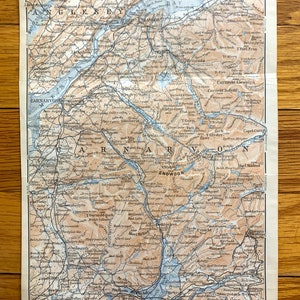 Antique 1906 Caernarfon, Wales Map from Baedekers Atlas of Great Britain – Anglesey, Snowdon, Bangor, Menai Strait, Beaumaris, Llanberis