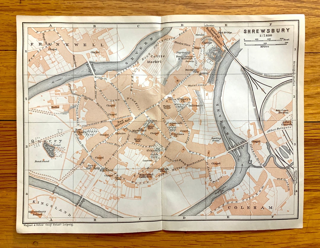 Antique 1906 Shrewsbury, England Map From Baedekers Atlas of Great
