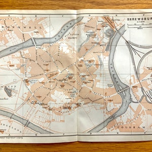 Mapa antigo de Shrewsbury, Inglaterra, 1906, do Atlas Baedekers da Grã-Bretanha - West Midlands, Shropshire, Torre de Vigia, cidade de Charles Darwin
