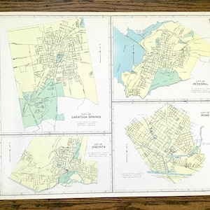 Antike Saratoga Springs, Peekskill, Oneonta & Rom, New York 1941 Historischer Atlas Stadtplan – Westchester, Otsego, Oneida County, NY
