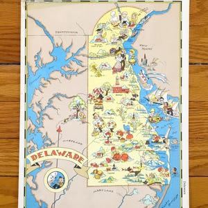 Mapa antiguo del estado de Delaware de 1938 de Our Gay Geography de Ruth Taylor: Wilmington, Dover, Rehoboth, Newark, Bear, Bethany Beach, Lewes, DE
