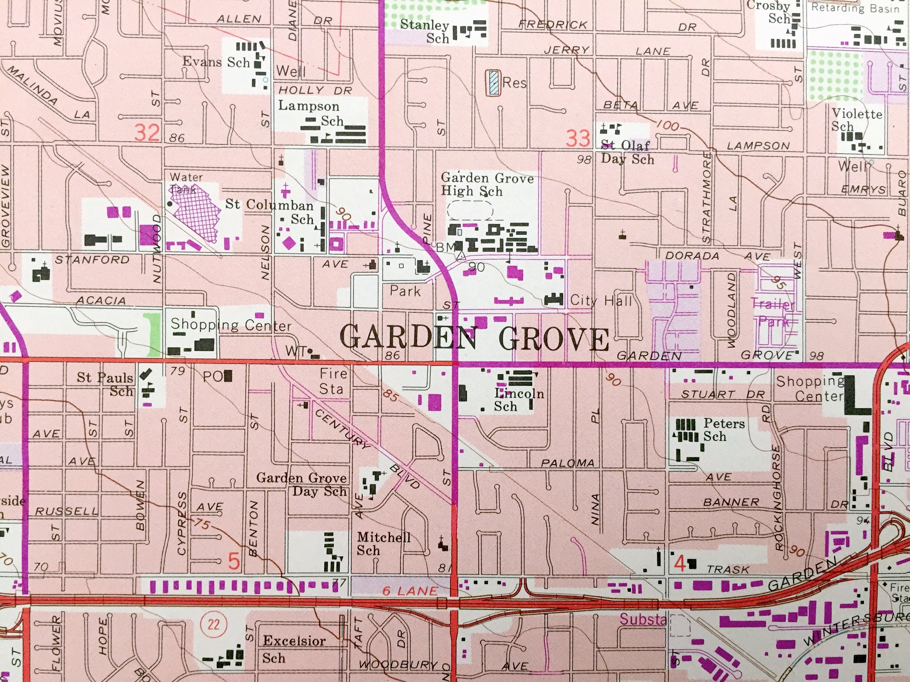 Antique Anaheim, California 1965 US Geological Survey Topographic Map