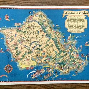Mapa antiguo de la isla de Oahu, Hawaii de 1931 por Ruth Taylor – Honolulu, Pearl Harbor, Kahuku, Kailua, Waipahu, Haleiwa, Kaneohe, Ewa Forest, HI