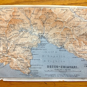 Antique 1913 Rapallo, Italy Map from Baedekers Guide – Liguria, Recco, Chiavari, Portofino, Paraggi, Zoagli, Santa Margherita, Portofino
