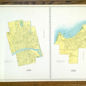 Antiker Elmira & Dunkirk, New York 1941 Historischer Atlas StadtPlan – Chemung, Chautauqua County, Lake Erie, Fluss, Hafen, Strand, NY
