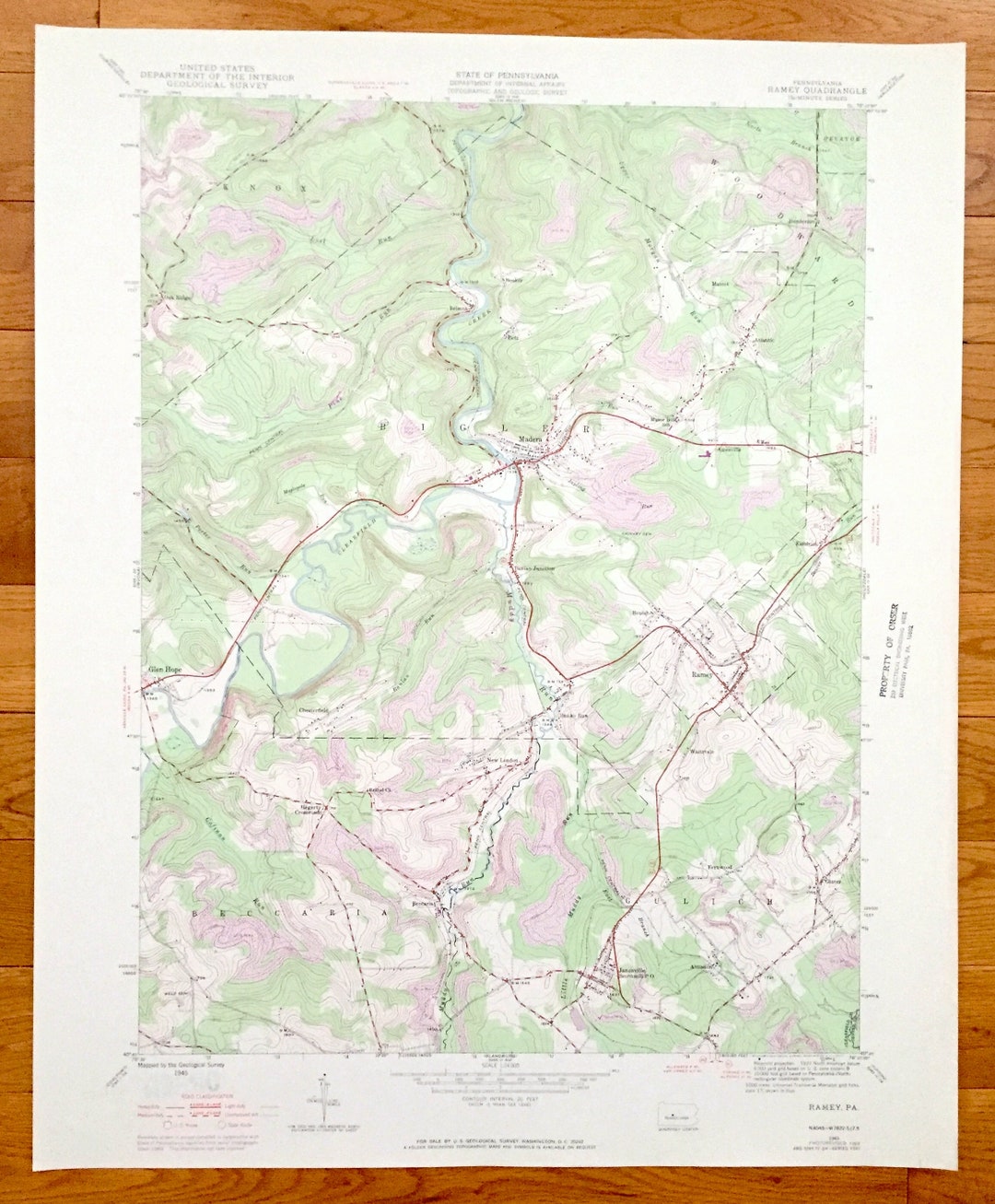 Antique Ramey, Pennsylvania 1945 US Geological Survey Topographic Map