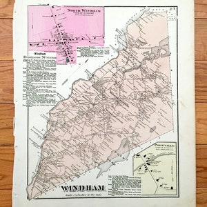 Antik 1871 Windham, Maine Map von F.W. Beers Atlas of Cumberland County – Sebago Lake, Gorham, Standish, Popeville, Great Falls, Ententeich